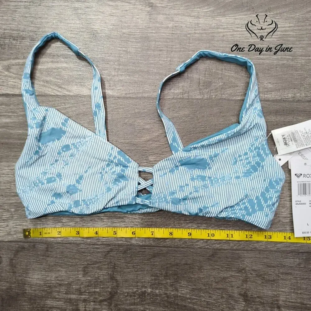 Roxy Sea & Waves Reversible Bikini Top Blue Tie Dye Stripe NWT Size L